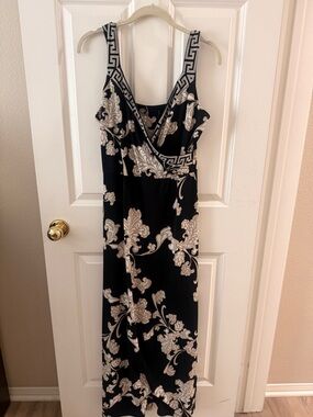 Black Maxi Dress with Cream Scroll Print - Sleeveless V-Neck